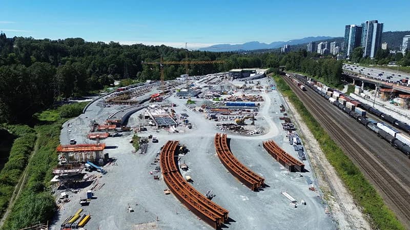Aerial view of construction at SkyTrain Operations and Maintenance Centre 4 in Coquitlam.