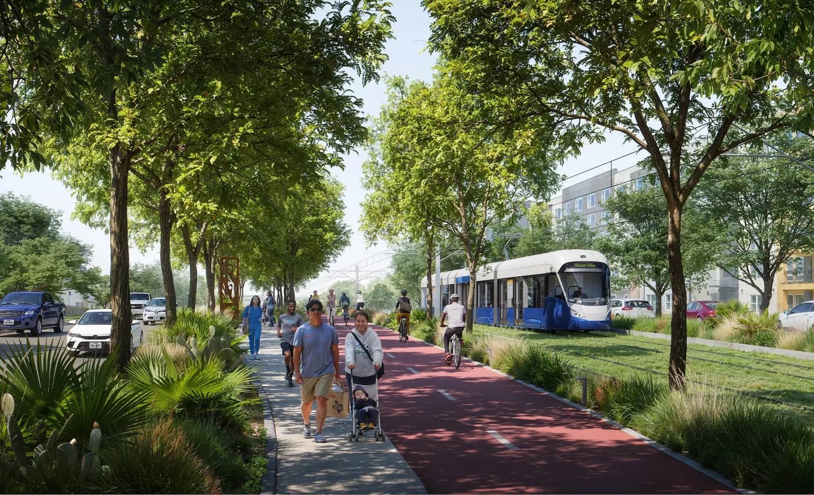 Concept rendering of Austin Light Rail beside a landscaped walking and cycling path