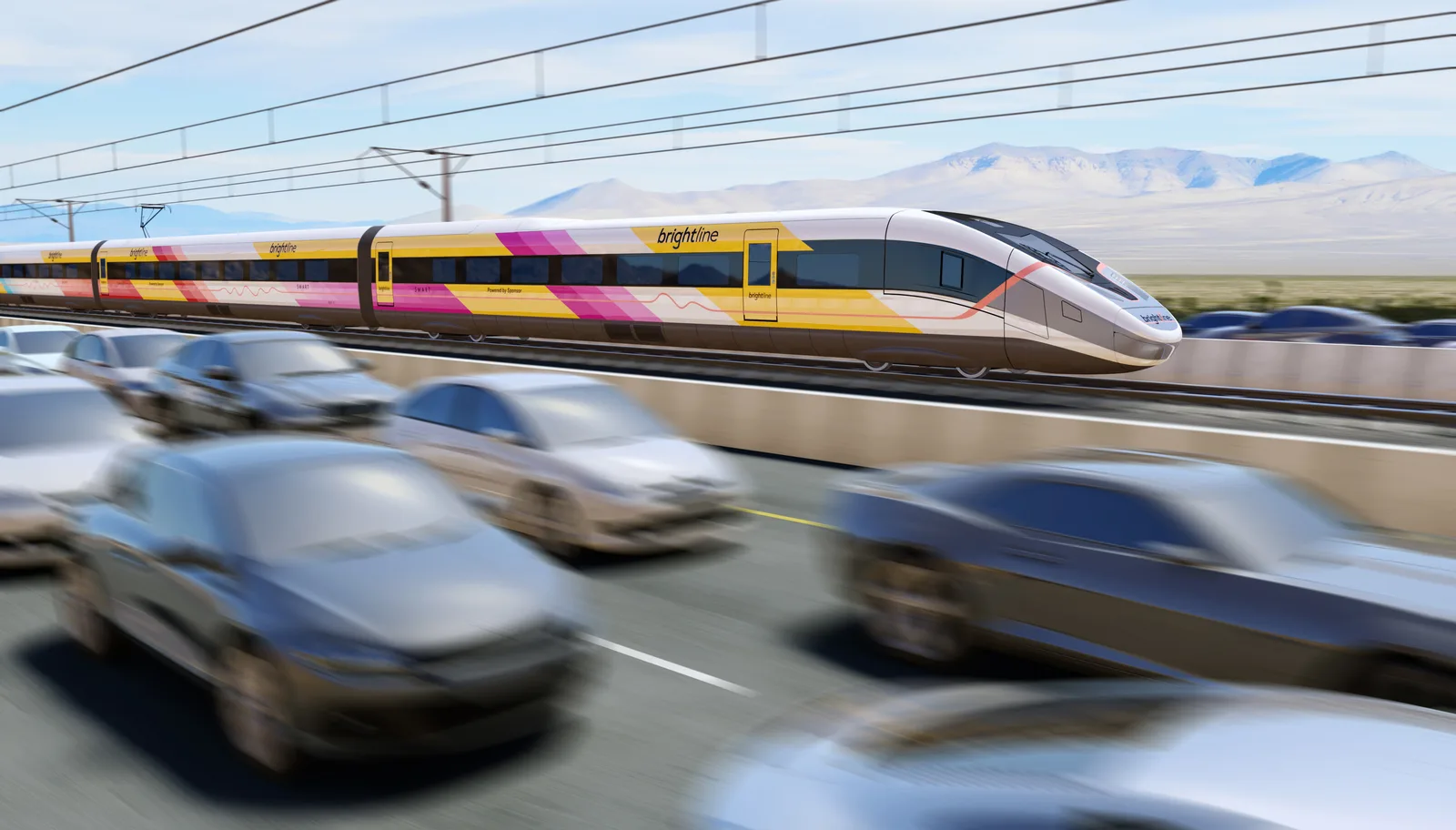 Official concept rendering of a Brightline West high-speed train alongside a highway
