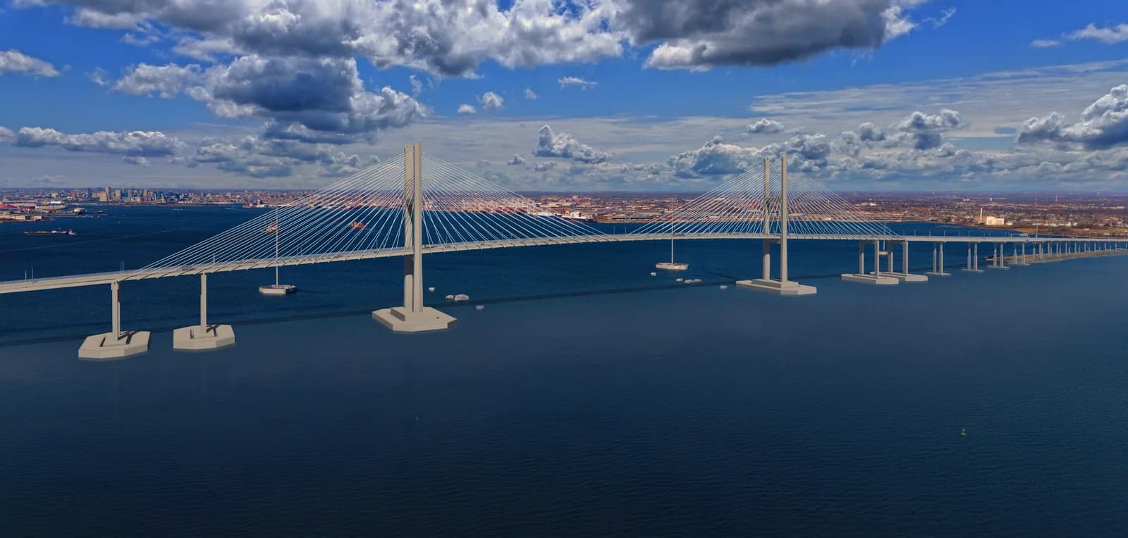 Concept rendering of the rebuilt Francis Scott Key Bridge over the Patapsco River